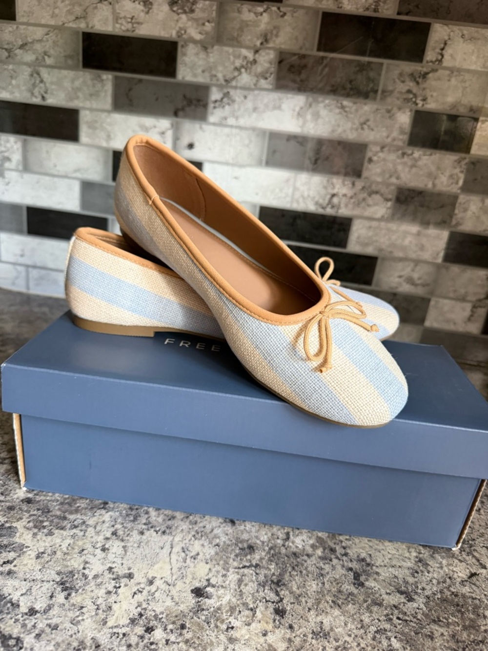Striped Canvas Ballet Flats in Cream & Light Blue - Women's